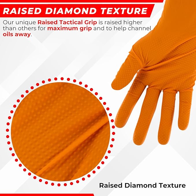Copperhead HD Orange Nitrile Disposable Gloves, 8 Mil, Latex and Powder Free, Industrial, Food Safe, Raised Diamond Texture