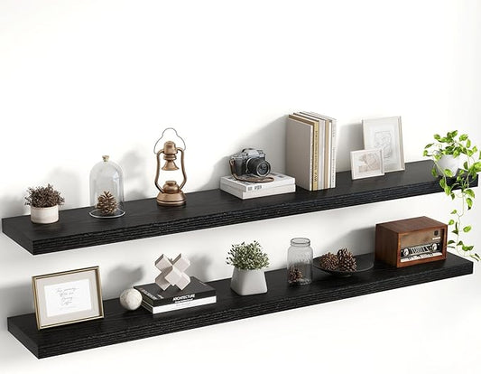 55 Inch Floating Shelves, 8 Inch Deep Floating Shelves for Wall, Hanging Shelf with Invisible Brackets, Deep Shelves for Bathroom, Bedroom, Living Room, Black, Set of 2