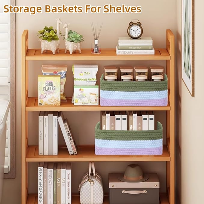 4 Pack Storage Baskets for Organizing, Small Storage Bins for Shelves, Woven Cotton Rope Baskets with Handles, Organizer Baskets for Gifts Empty, 12''Lx8''Wx4.5''H (Rainbow)