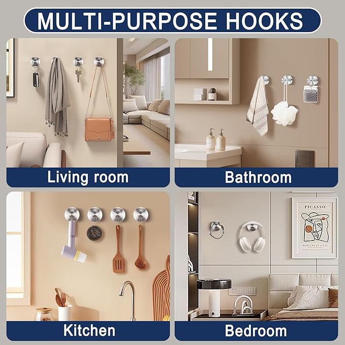 Silver Waterproof Suction Cup Hooks, 8-Pack Heavy Duty Stainless Steel No Drill Shower Hooks for Hanging Towels, Robes, Loofahs, Holder Holds Strong on Tile, Glass, Mirror, Wall, Bathroom Door