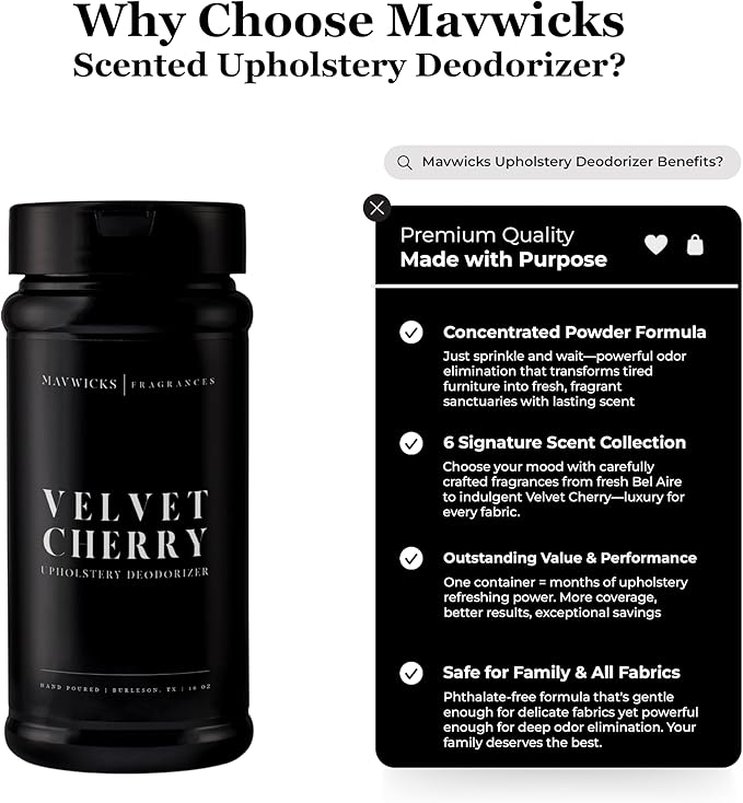 Fragrances - Upholstery Deodorizer (Velvet Cherry) 16 Oz - Rug, Couch & Carpet Deodorizer - Vacuuming Powder, Pet Safe Carpet Freshener Powder - Odor Eliminator for Home