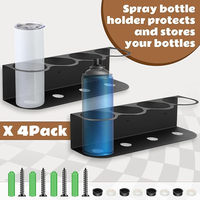 4 Pcs 4 Holes All Purpose Steel Spray Bottle Holder Heavy Duty Spray Can Holder Rack Organizer Easy Install Wall Mount Paint Bottle Organizer Storage Rack for Garage Home Workspace