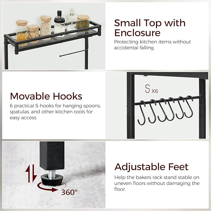 Bakers Rack with Storage, Microwave Stand with Paper Holder, Bakers Rack with Power Outlet, Coffee Bar Station with 6 Hooks, for Kitchen, Dining Room, Rustic Brown and Black BRHR36E01