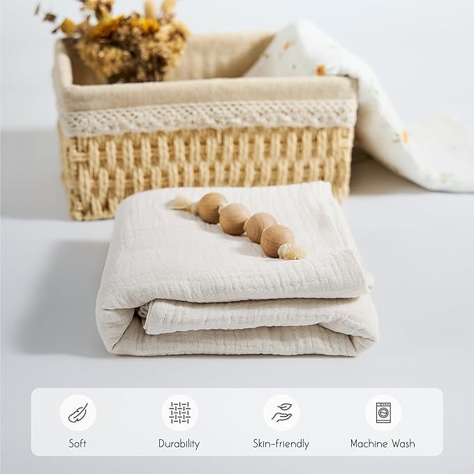 Meracorallo Muslin Swaddle Blanket, 100% Cotton Receiving Blanket Soft and Breathable Swaddle Wrap for Baby Boys and Girls, Cream