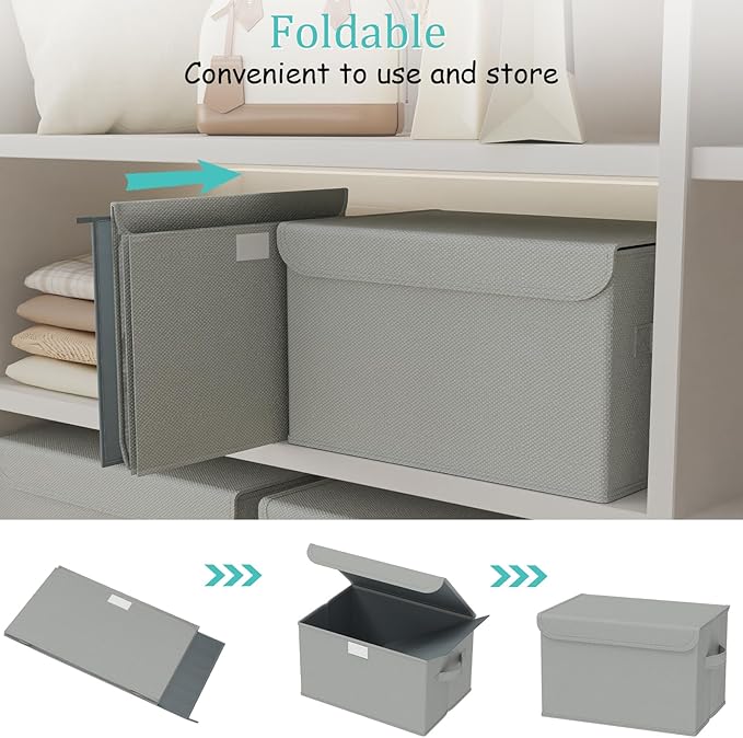 Storage Bins with Lids for Organizing, Closet Boxes with 2 Carrying Handles and Sturdy Heavy Cardboard, Home Organizers Cubes, 2 Pack, Grey, 15 x 9.8 x 9.8 In, XSNY12GL-2