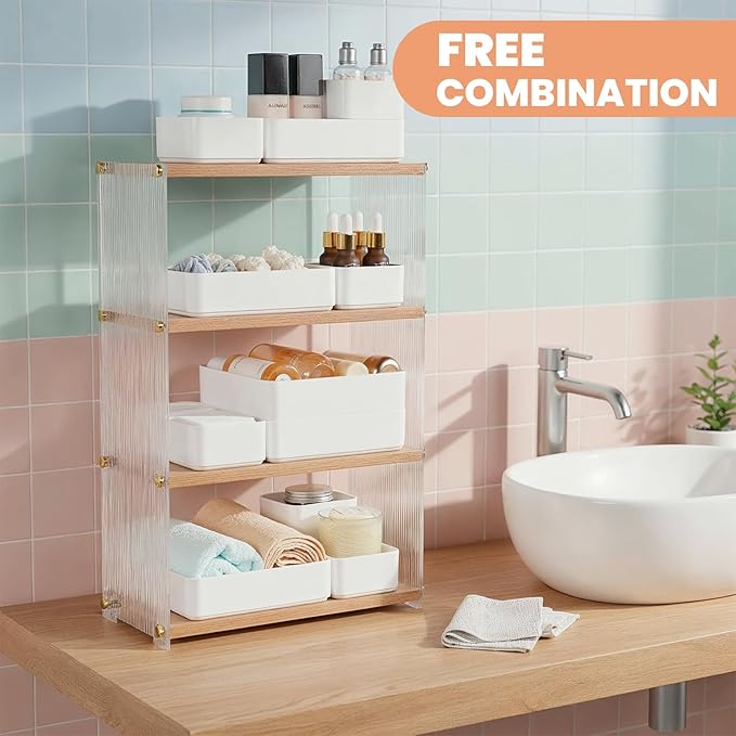 9 Pcs Stackable Drawer Organizer Set, Plastic Storage Trays and Dividers In 4 Sizes for Vanity, Bathroom, Kitchen, Office Desk and Dresser Drawers, Off White