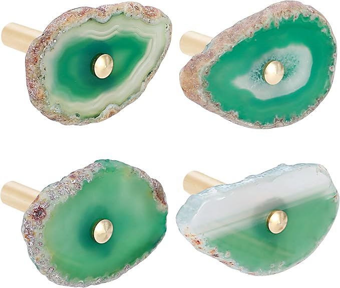 Cozy Tower 4 Pcs Green Agate Wall Hooks - Decorative, Hat Bag & Purse Hooks in Gold Brass Finish