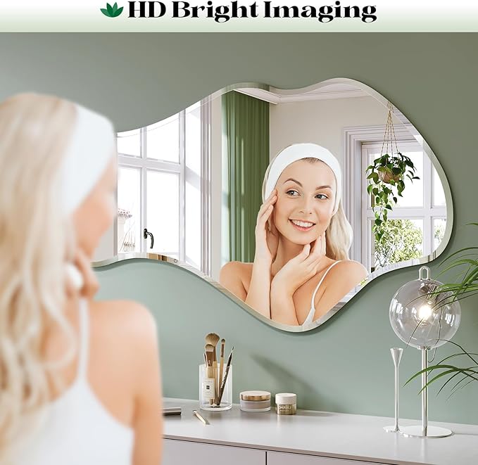 Irregular Wall Mirror, 26”x46” Frameless Asymmetrical Mirror, Beveled Frameless Funky Wavy Wall Mirrors for Entry Way Modern Bathroom Bedroom Living Room