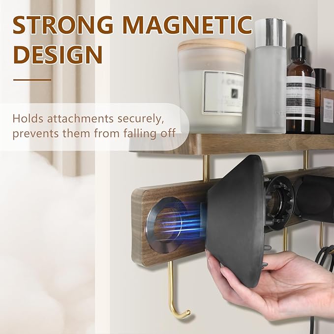 Affogato Hair Dryer Holder Wall Mount Compatible with Dyson Supersonic, Blow Dryer Accessories and Attachments Organizer Storage Rack, Wood