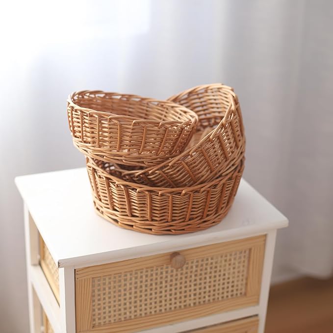 11"Round Wicker Bread Basket Woven Tabletop Food Fruit Vegetables Serving Restaurant Serving Basket Home Kitchen Restaurant Outdoor gifts round easter tray(3-PACKS)