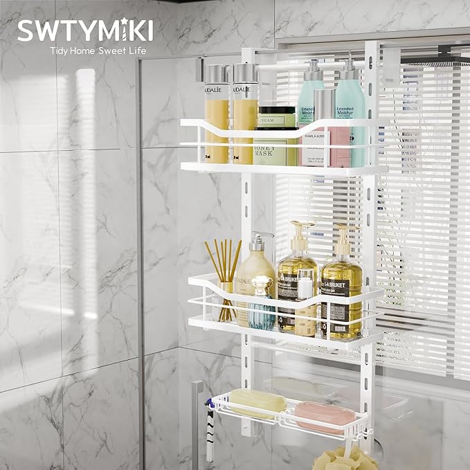 SWTYMIKI Over the Door Shower Caddy - 3 Tier Adjustable Shower Organizer Hanging with Soap Holder, No Drilling Stainless Steel Bathroom Hanging Caddy for Body Wash, Shampoo, Soap, Razor, White