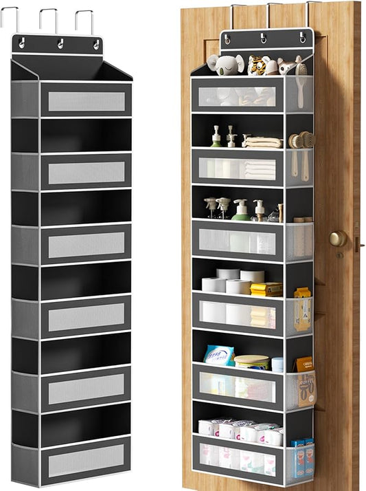 Over The Door Organizer with 6 Large Pockets, Over the Door Storage 12 Side Pockets, Hanging Door Organzier 44 lb Load Behind Door Storage Hanging Shelf for Closet Wall Bathroom Nursery, 6-Tier Black