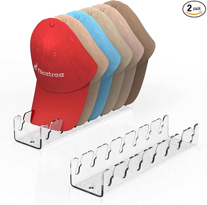 Nicetree Hat Organizer for Baseball Caps, 2 Pcs No Install Acrylic Hat Racks for 14 Baseball Caps Storage, Hat Stand for Caps Display and Organizer for Dresser, Bedroom, Closet, Office