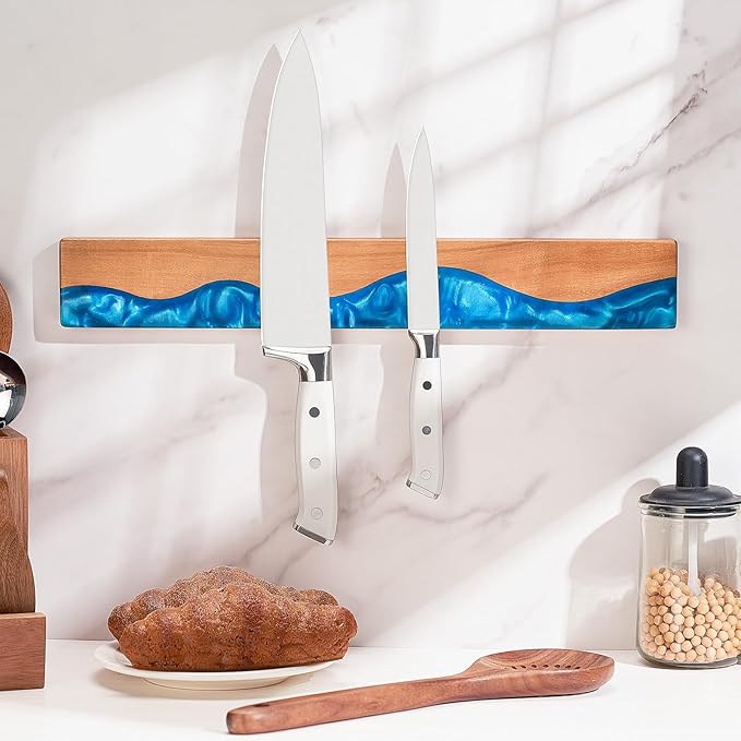 ENOKING 16 Inch Magnetic Knife Holder for Wall, Acacia Wood & Blue Resin Magnetic Knife Strip, Powerful No-Drill Adhesive or Screws Mount, Kitchen Knife Bar Storage Rack