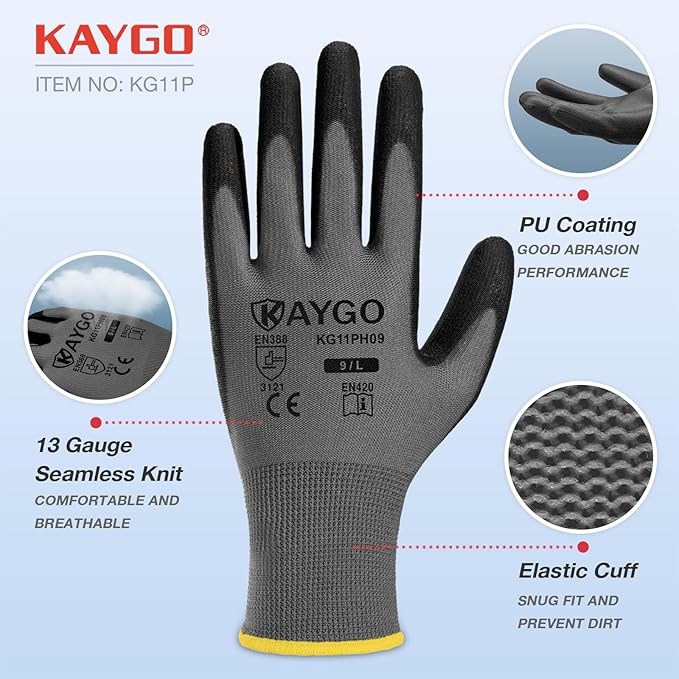 Work Gloves for Men and Women,60 Pairs Seamless Knit PU Coated Safety Gloves, with Smooth Grip on Palm and Fingers, Ideal for Light Warehouse, Manufacturing, Gardening, KG11P (M,Gray)