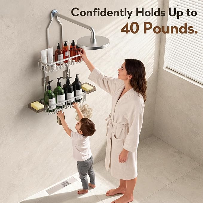 Shower Caddy Hanging, Shower Organizer Hanging, Aluminum Shower Racks for Inside Shower with Hooks for Razor, Never Rust Bathroom Organizers and Storage with Soap Holder, Bright Silver
