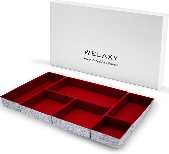 Welaxy Deluxe drawer organizers multi-purpose storage box junk bins for office home kitchen bedroom bathroom nightstand holder chic room decor quiet luxury 6-piece (Maroon)