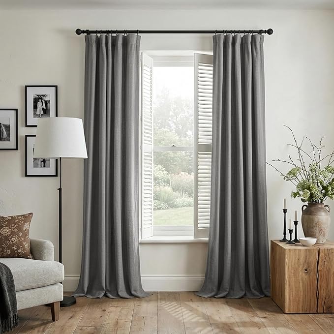 INOVADAY 100% Blackout Curtains for Bedroom, Black Out Curtains 63 Inch Long, Clip Rings Linen Blackout Drapes, Thermal Insulated Room Darkening for Living Room, 2 Panels - Drak Grey,W50xL63