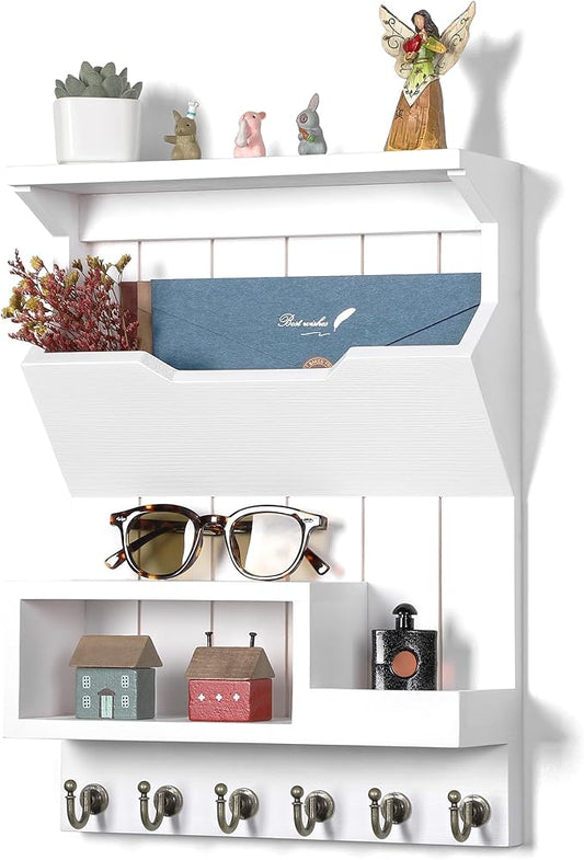 Key Holder for Wall, Mail Organizer Wall Mounted, Mail and Key Holder with 6 Key Hooks for Home Decor, Pine Wood White
