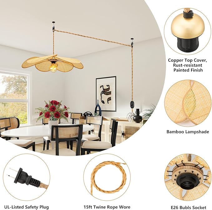 Bamboo Plug in Pendant Light, 24 Inch Flower Handwoven Rattan Lampshade Stepless Dimmable Boho Chandelier, 11.3 ft Plug in Hanging Lamp for Hallway Kitchen Island Dining Room Bedroom(Not Bulb)