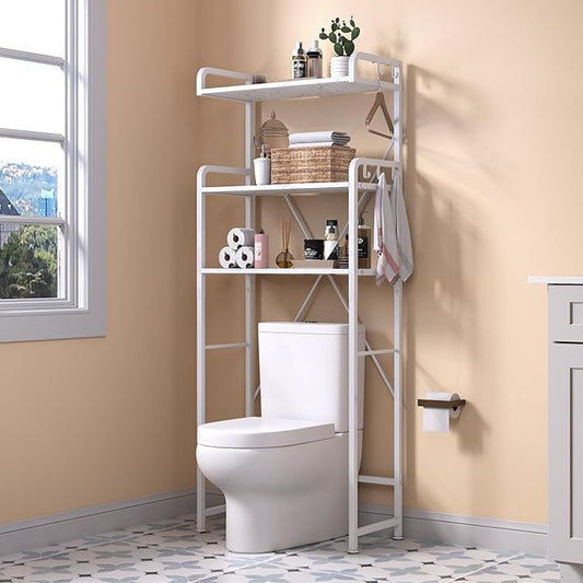 Over The Toilet Storage Rack with 3-Tier Bathroom Shelves, Space Saver Toilet Shelf, Bathroom Storage Organizer with Hooks for Over Toilet Storage and Bathroom Shelf (White Faux Marble)