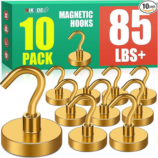 MIKEDE Magnetic Hooks Heavy Duty, 85Lbs Strong Magnets with Hooks for Cruise, Super Neodymium Earth Magnets Hooks for Refrigerator Hanging, Magnetic Hanger for Cabins, Grill (Yellow, 10 Pack)