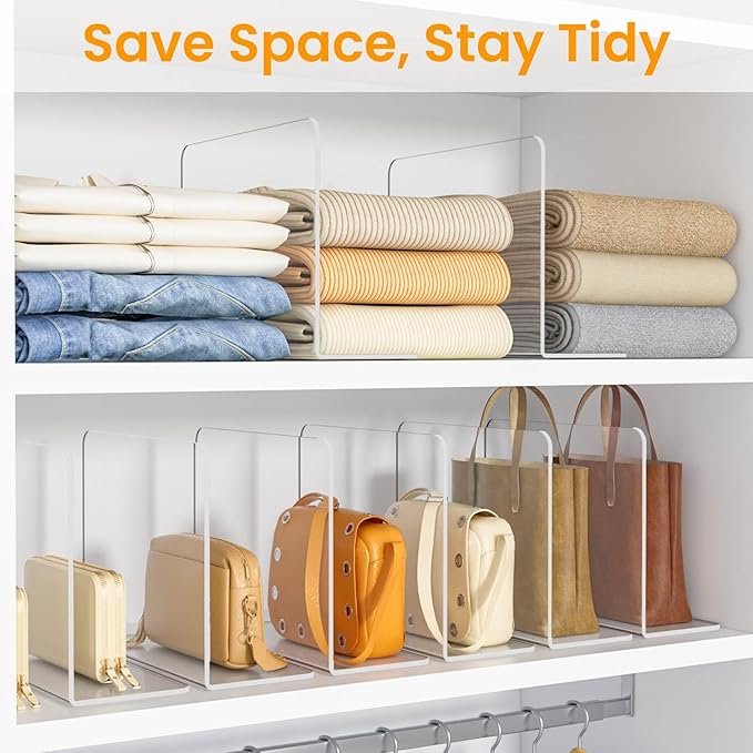 Shelf Dividers for Closet Organization – Acrylic Clear Sturdy Dividers to Keep Clothes, Sweaters & Purses Upright, Free-Standing for Wood Shelves, 10" Tall x 12" Deep, 8 Pack