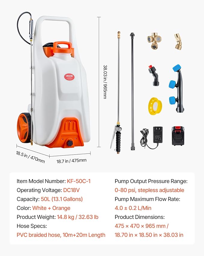 13.1 Gallon Battery Powered Sprayer with Wheels, Adjustable 0-80 PSI, 5 Nozzles and 98ft Hose Included, Orange