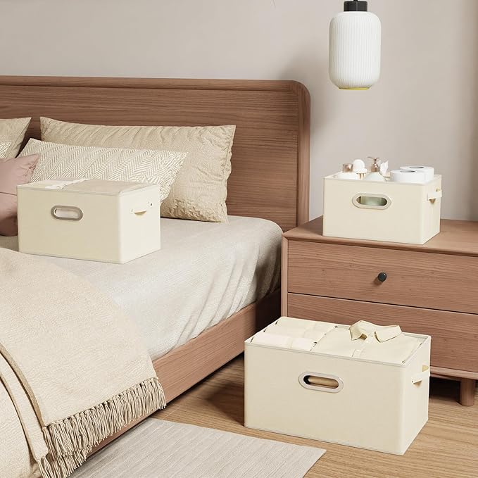 Foldable Cloth Basket with 4 Handles, Decorative Open Storage Boxes, Stackable Cube Organization, Fabric Bins for Shelves, Closet, Living Room, 10.2x7.9x6.7in, Beige, 2 Pack