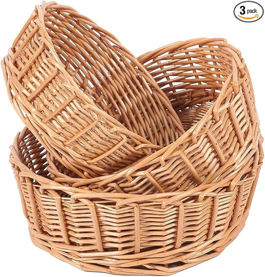 11"Round Wicker Bread Basket Woven Tabletop Food Fruit Vegetables Serving Restaurant Serving Basket Home Kitchen Restaurant Outdoor gifts round easter tray(3-PACKS)