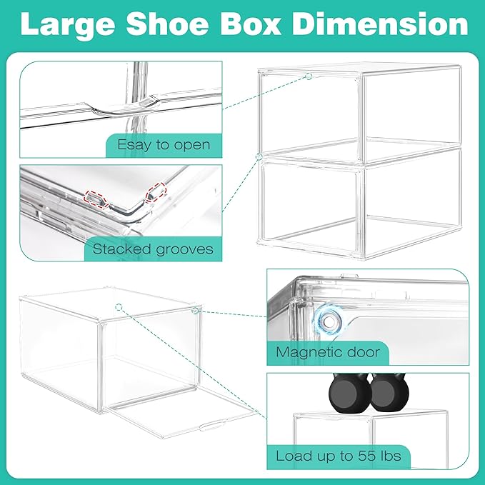 12 Pack Drop-Front Clear Shoe Boxes Acrylic Box Sneaker Boxes Size 12, Stackable Shoe Display Cases with Magnetic Door Storage Bins for Sneaker Containers Boot Figure Display