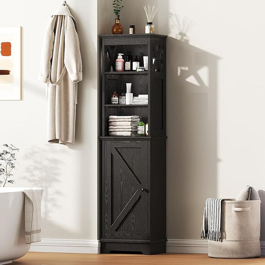 Narrow Bathroom Storage Cabinet with Door and Open Adjustable Shelves, 60.9" H Wooden Tall Tower Corner Farmhouse Cabinet, Freestanding Organizer for Kitchen, Entryway Black