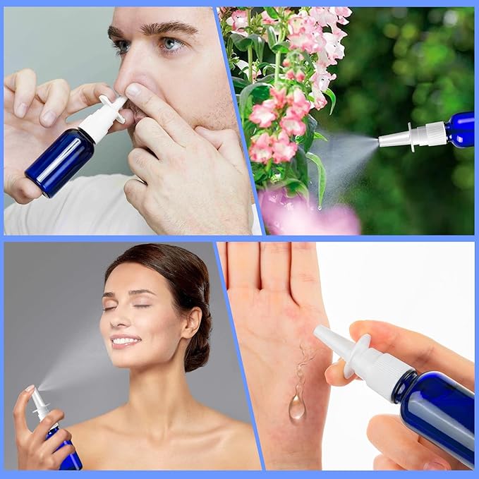 120 Pcs Nasal Spray Bottle, 1OZ/30ML Bule Empty Glass Nasal Spray Bottles Refillable with 24 Funnels and 24 Labels