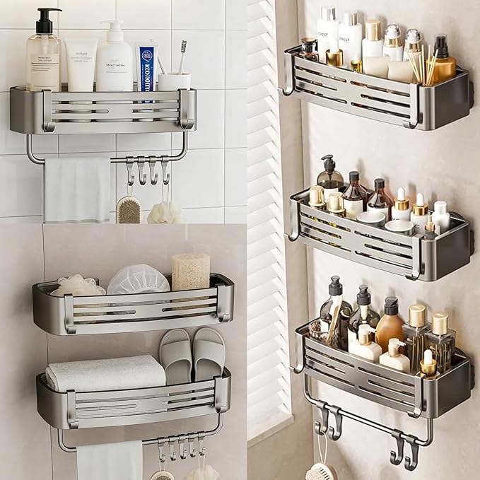 3Pcs Corner Shower Shelf Caddy Suction Cup, No Drill Hole with Towel Bar and Hook, Gray Bathroom Storage Rack, Zero Drill Square Shelves, Store Toiletries and Bath Towel for Bathroom Kitchen RV