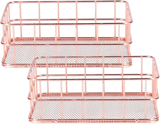 2PCS Nordic Simple Rose Gold Wrought Iron Storage Basket Desktop Organizer Container Household Storage Organizer for Living Room Bathroom Office Durable Iron Material Stylish Decor (Small Size)