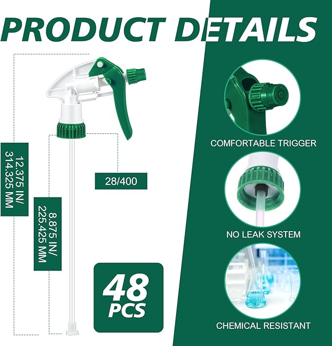 Hushee 48 Pack 28-400 Replacement Trigger Spray Nozzles Only, No Bottle, Heavy Duty Bottle Sprayer for Industrial Home Use, Fit for 32 oz, 16 oz, 8 oz Plastic and Glass Bottles (Green)