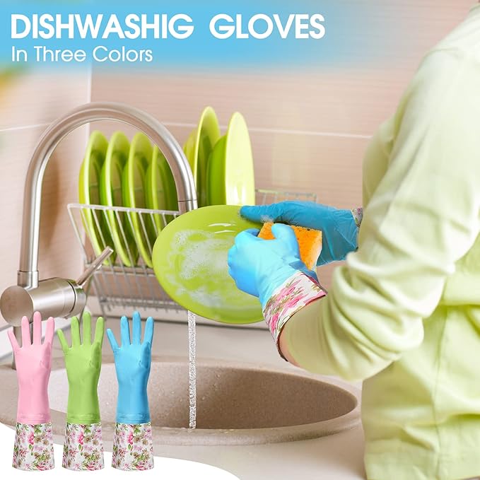 9 Pairs Household Dishwashing Rubber Gloves Long Cuff and Flock Lining Cleaning Gloves Reusable Waterproof