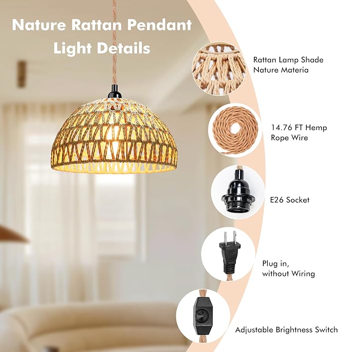 Plug in Pendant Light Rattan Hanging Lamp with 15 Ft Hemp Rope Cord, Wicker Hanging Lights with Bamboo Basket Lamp Shade,Dimmable Switch Woven Boho Plug in Ceiling Light for Living Room Bedroom