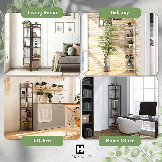 CAPHAUS 5 Tier Corner Shelf, 59.1-Inch Tall Corner Bookshelf, Corner Display Rack with Metal Frame, Round Corner Shelf Unit Rack, Tall Corner Stand for Bathroom, Living Room, Home, Office, Dark Grey