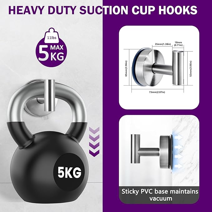 JOMOLA Suction Cup Hooks for Shower Wall Stainless Steel Vacuum Hook Heavy Duty Bathroom Suction Towel Holder Coat Hooks Wall Hanger for Door Glass Kitchen Brushed Silver 4Pcs