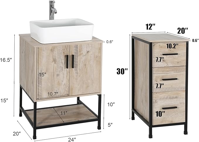 eclife 36" Bathroom Vanity Sink Combo Modern Metal Stand Cabinet W/Bottom Shelf & Storage Side Cabinet White Rectangle Vessel Sink & Water Save Faucet & Pop Up Drain, Oak (T03)