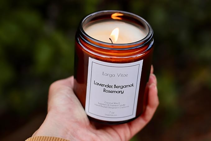 Lavender, Bergamot, Rosemary Coconut Wax Candle Non Toxic Aromatherapy Candle with Essential & Prime Rated Natural Fragrance Oils, Clean Burning Amber Jar Candle, 7 oz Small Batch