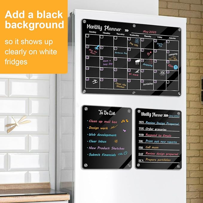 Acrylic Magnetic Dry Erase Board for Fridge，Set of 3 Transparent Planning Boards for Monthly Calendar, Weekly Includes 6 Dry Erase Markers, 1 Eraser and Magnetic Pen Holder