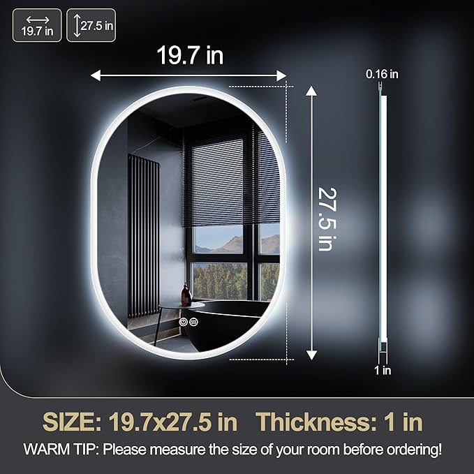 S'bagno 28x20 LED-Oval-Bathroom-Mirror, Wall-Mounted-Lighted-Bathroom-Mirror, Anti-Fog Dimmable Waterproof Vanity Mirror with Touch Switch with Lights, 3000K/4000K/6500K, Vertical or Horizontal
