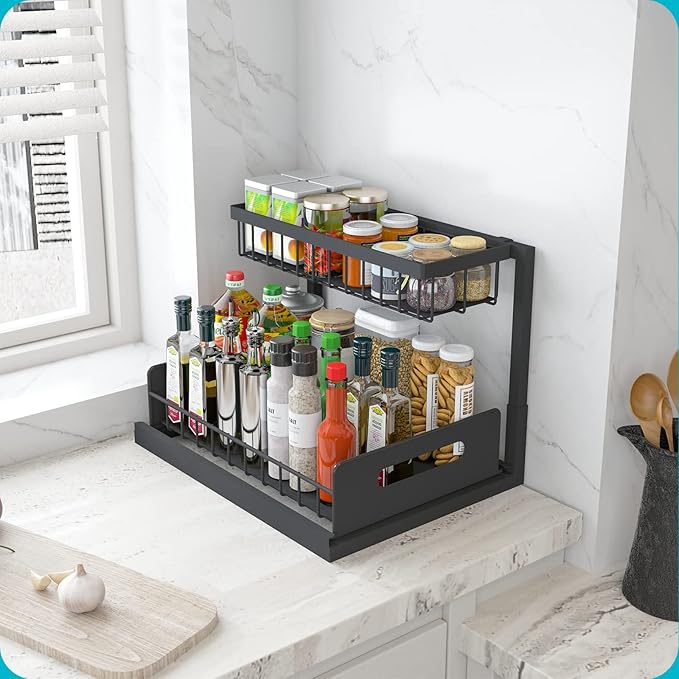 Pull Out Under Sink Organizer, Slide Out Sink Shelf Cabinet Storage for Kitchen Bathroom, Black, 2 Pack