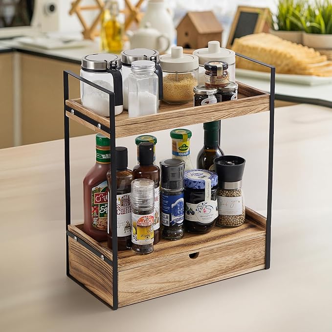 2-Tier Bathroom Organizer Countertop with Drawer, Wood Counter Shelf for Storage, Cosmetic Storage Vanity Tray for Bathroom Organization for, Kitchen, Office
