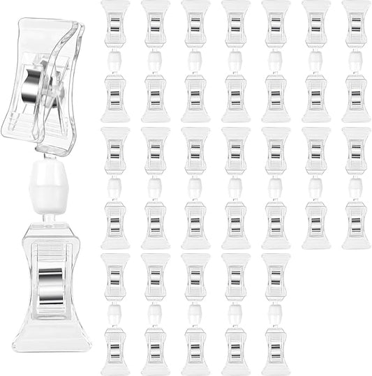 Clear Merchandise Display Sign Clips - 20 Pack Plastic Label Pop Holder for Shelf, Double Sided Swivel Price Tag on Clothing Rack, Rotatable Menu Clips for Retail Sale Display