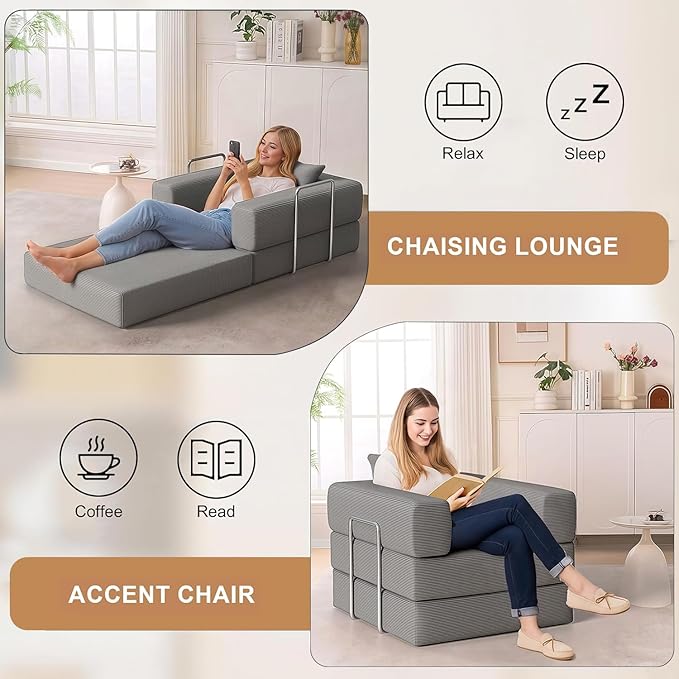 2-in-1 Floor Foldable Sofa Couch Convertible Sleeper Chaise Lounge Chair Indoor Portable Fold Out Futon Mattress with Back Support for Living Room,Bedroom (Gray, 35.43" Single Sofa)