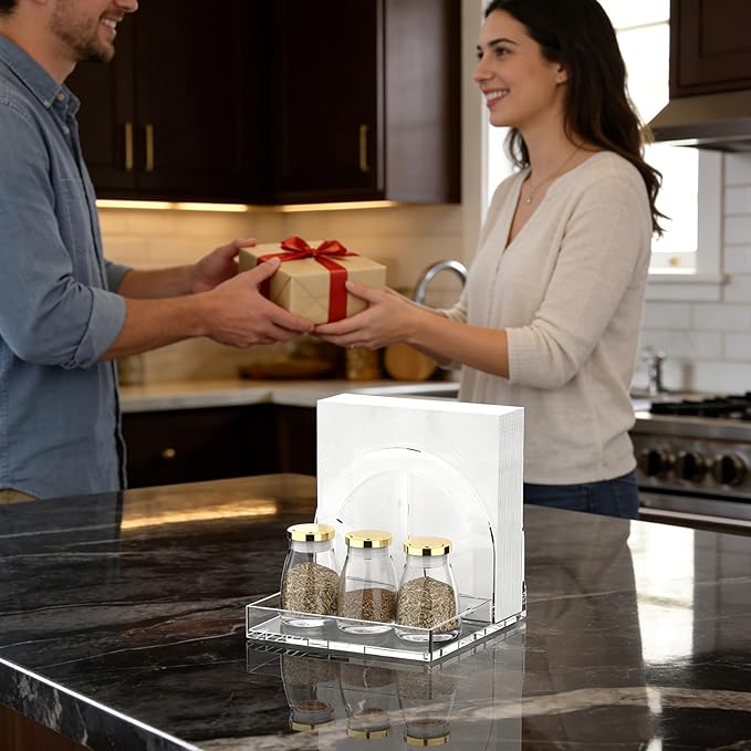 Acrylic Napkin Holder with Magnetic Assembly, Clear Space-Saving Napkin Dispenser & Salt Pepper Shakers Caddy, Modern Organizer for Kitchen Counter, Dining Table,Small Spaces, Office or Party（Small)
