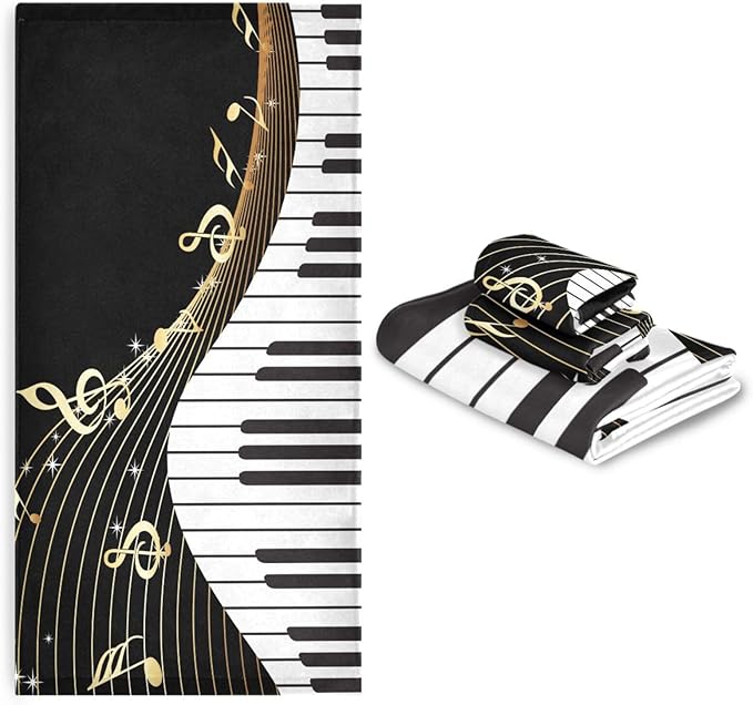3 Piece Black White Gold Music Theme Bath Towel Set,Microfiber Golden Musical Notes Piano Instrument Decorative Guest Bathroom Towels,1 Bath Towel 1 Hand Towel for Kitchen,1 Washcloth for Face